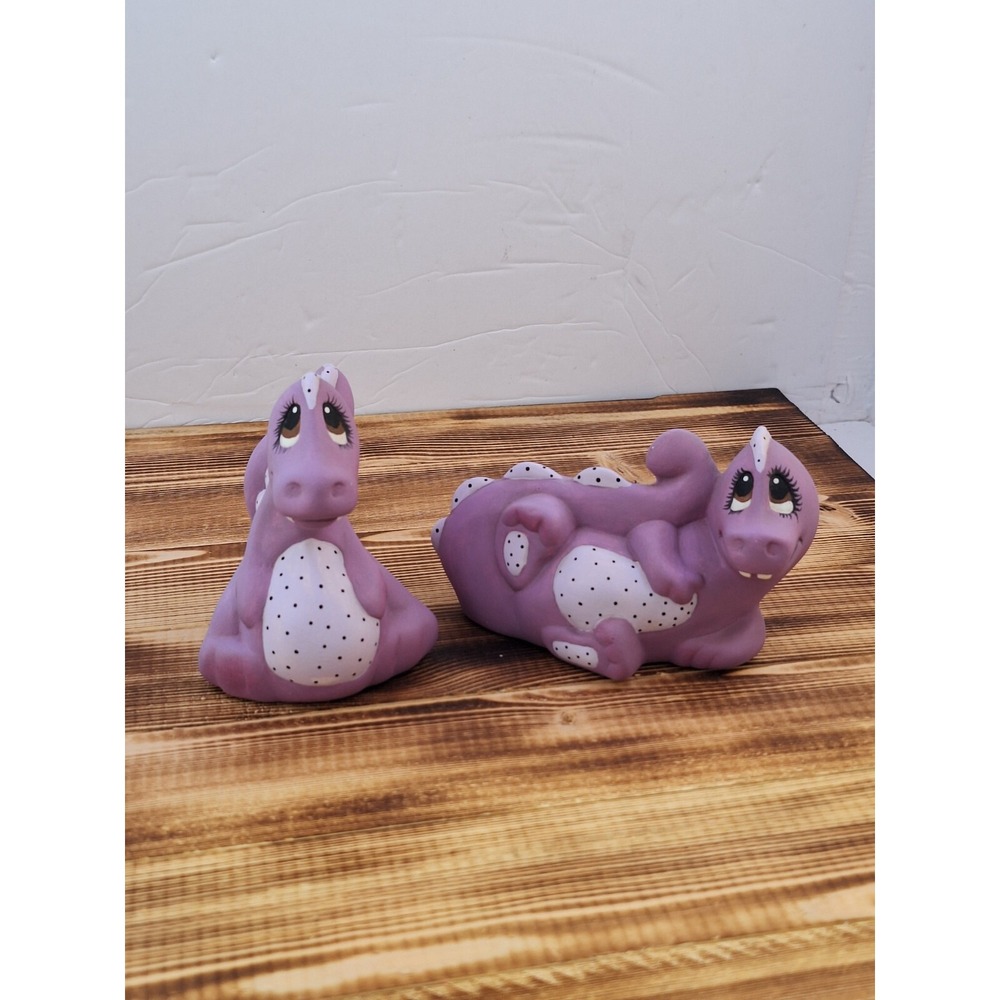 Lot 2 Vintage SIGNED Dated 1986 Hand Painted Ceramic Purple Baby Dragon‎ Figure